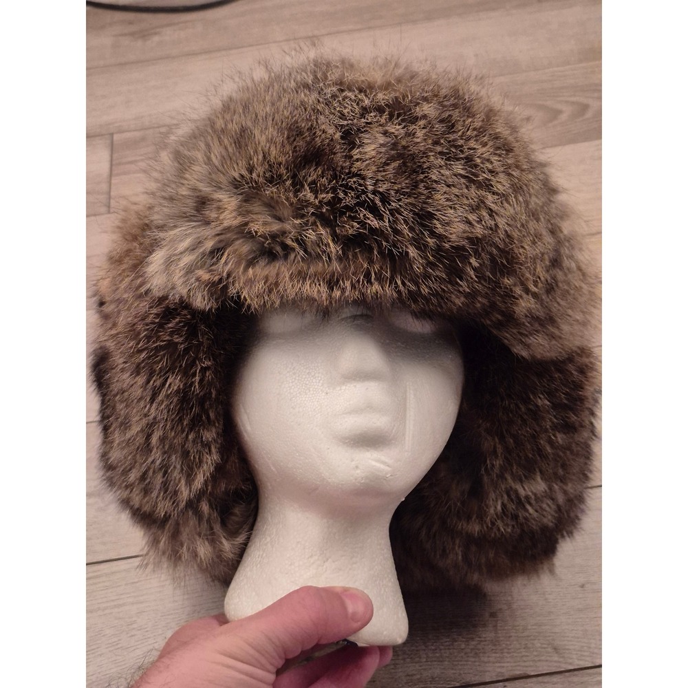 Neiman Marcus Mens Brown Plaid Camel Hair Trapper Hat Rabbit Fur Trim Cap S/M